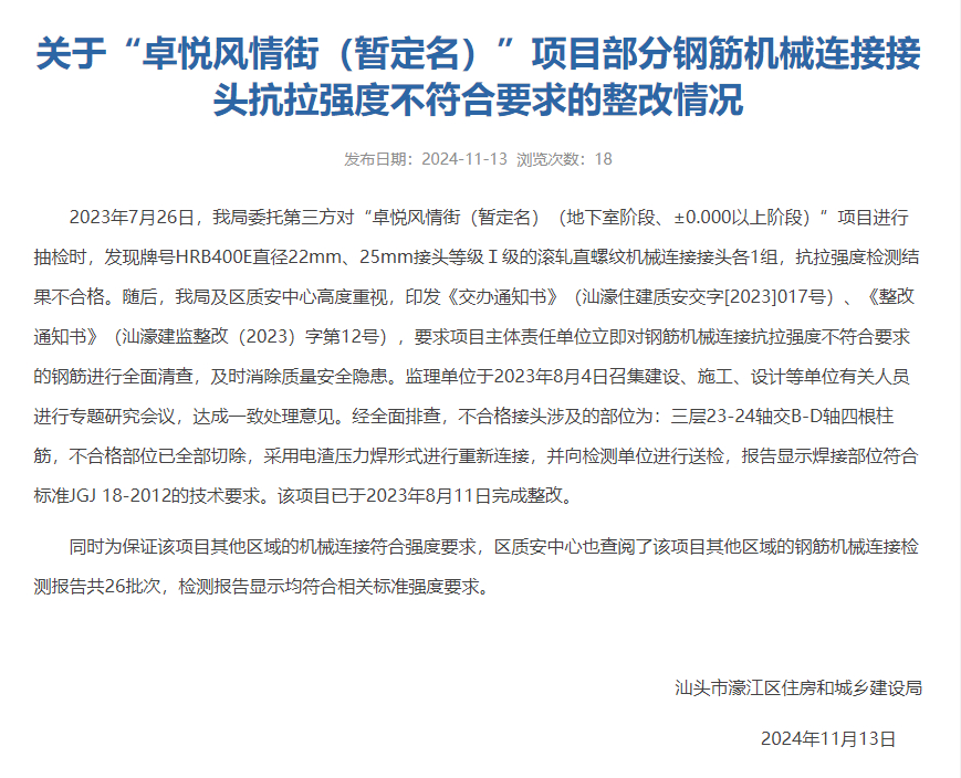 【 汕头某项目被抽检不合格 ：已完成整改】近日，濠江区住建局发布关于“卓悦风情街