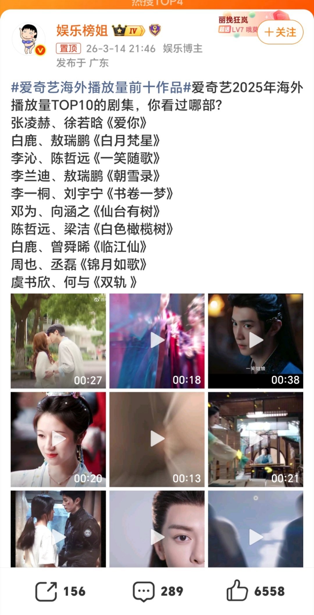 爱奇艺海外播放量前十作品白鹿和敖瑞鹏演的白月梵星，天天刷抖音剧情都知道一些，其他