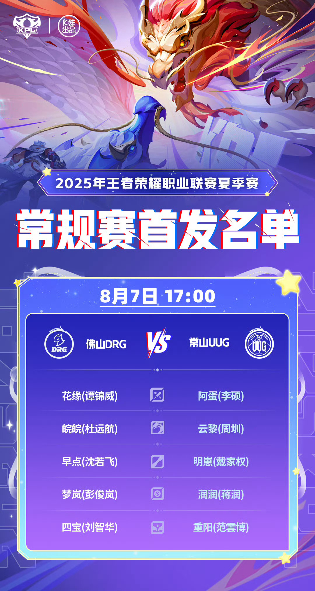 2025KPL夏季赛今日首发名单 ​​​