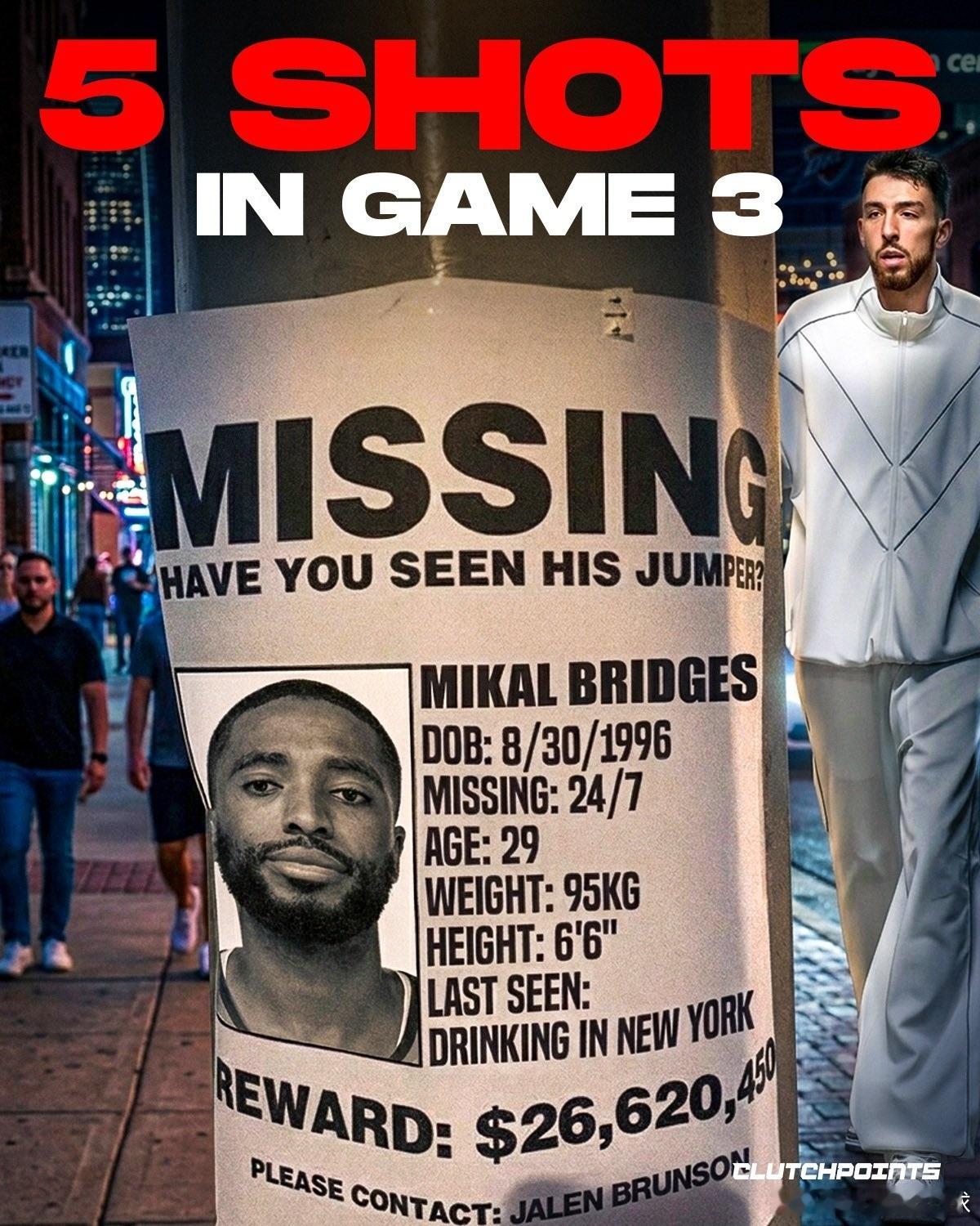 NBA寻找大桥米卡尔·布里奇斯在尼克斯队第三场失利中表现挣扎——🔺2分🔺4次