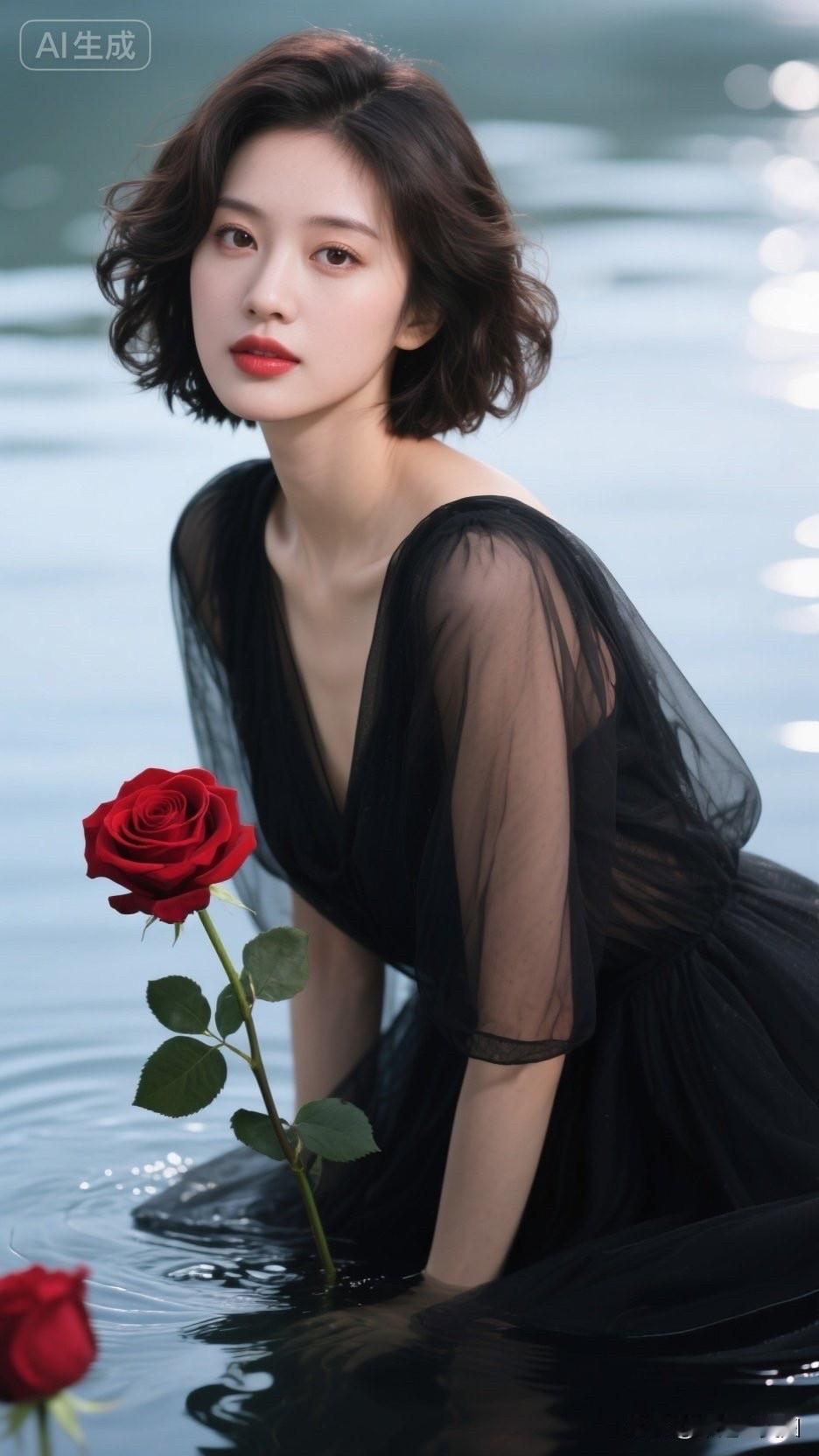 黑纱裙红玫瑰，优雅气质美人