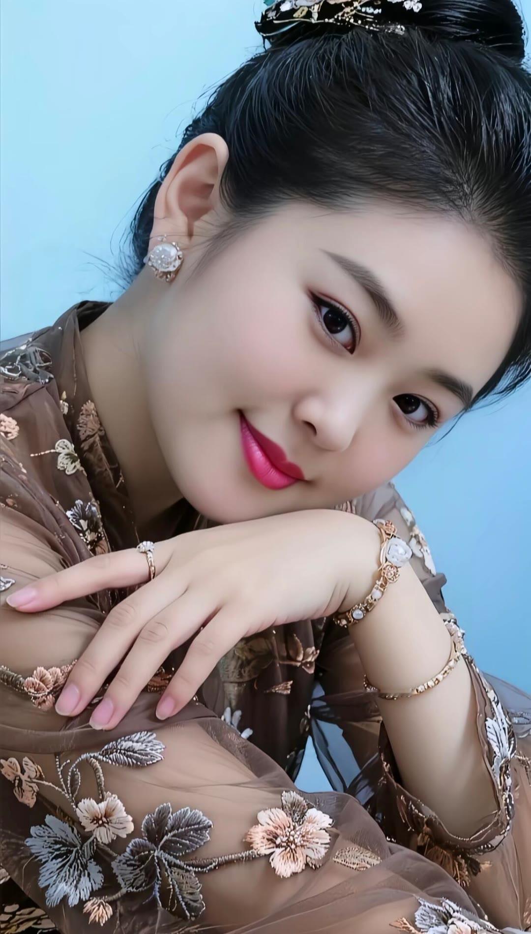 优雅古风妆容，精致发饰，温柔微笑，尽显东方古典美。