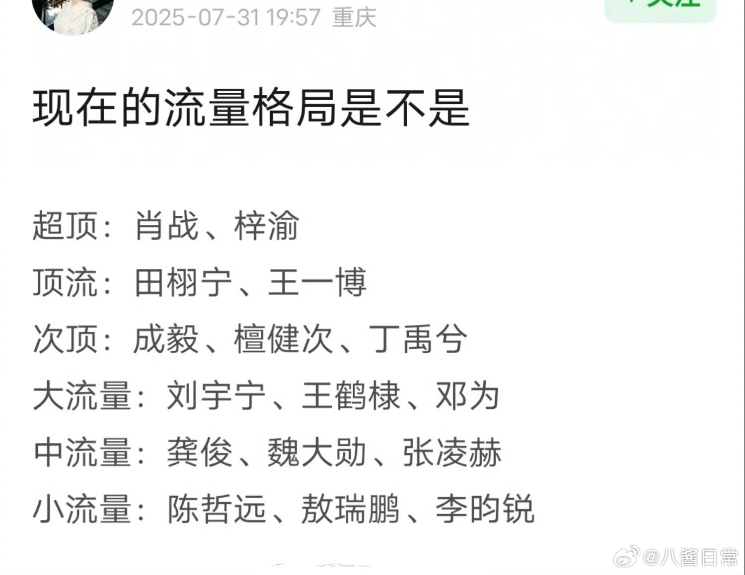 网友总结的现在内娱流量生格局 ​​​