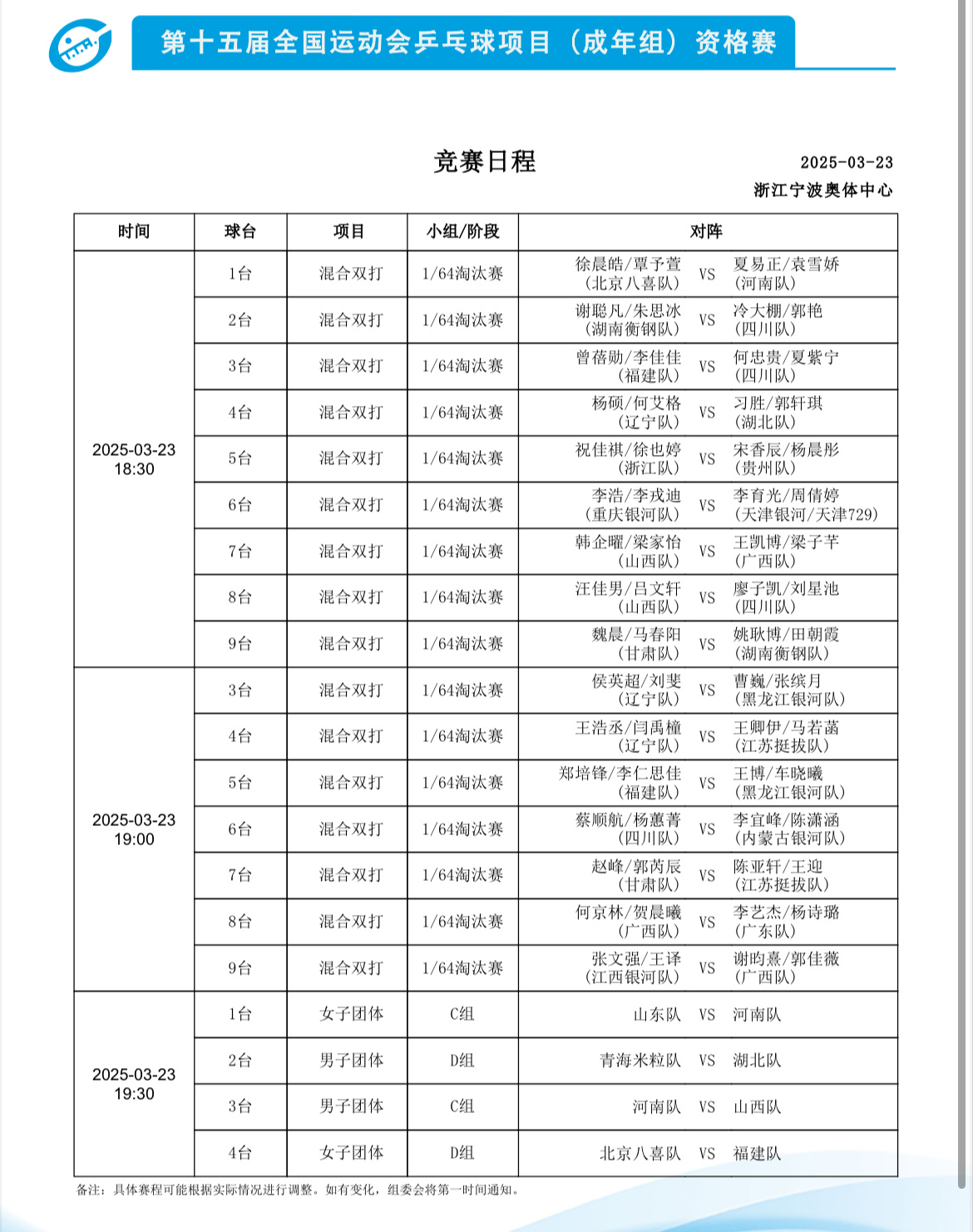 全运会乒乓球资格赛今日晚间混双和团体比赛对阵 ​​​