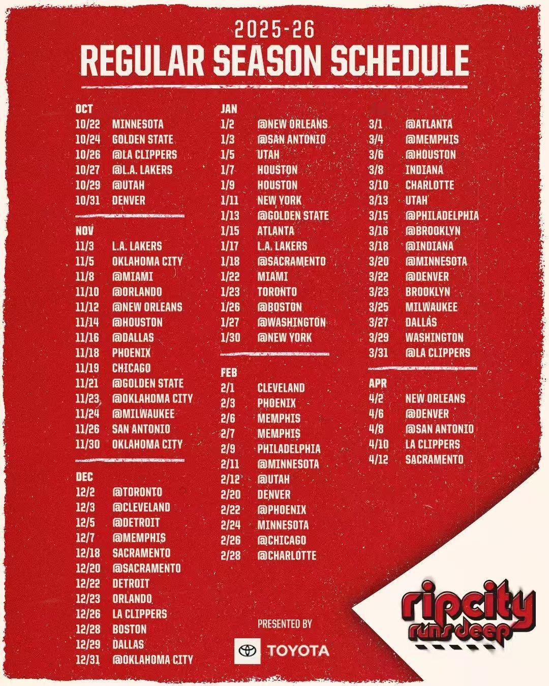 NBA新赛季开拓者赛程！