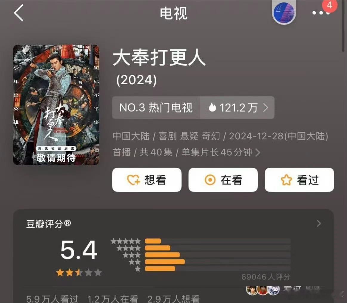 大奉打更人豆瓣5.4  大奉打更人豆瓣开分5.4分  大奉网评一直很好！而且云合