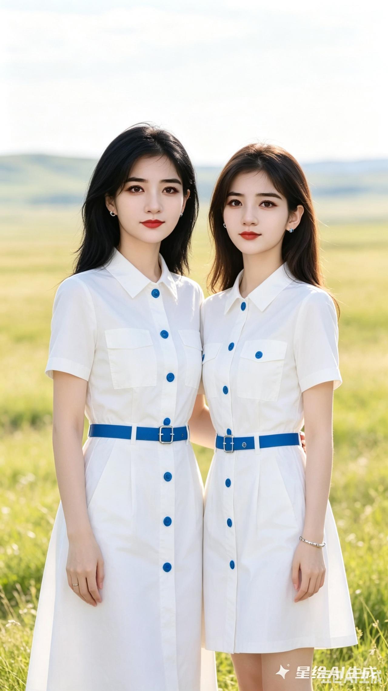 草原广袤好风光，母女相依立一方
母亲短发显端庄，少女清秀气质彰
眉眼相似容颜仿，