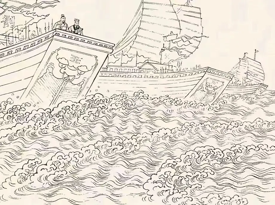 这是哪段三国演义情节。此图中反映的是一排高大的战船正在水面上乘风破浪前...
