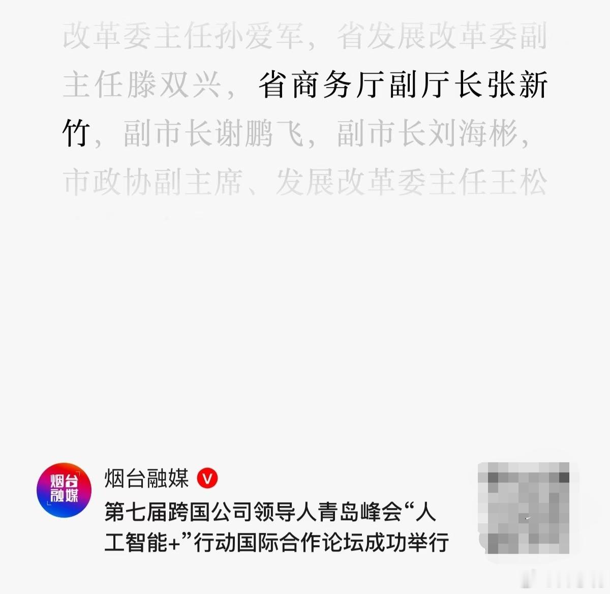 胶州原书记张新竹调任省商务厅任副厅长两个月之后，回到青岛参加跨国公司领导人峰会。