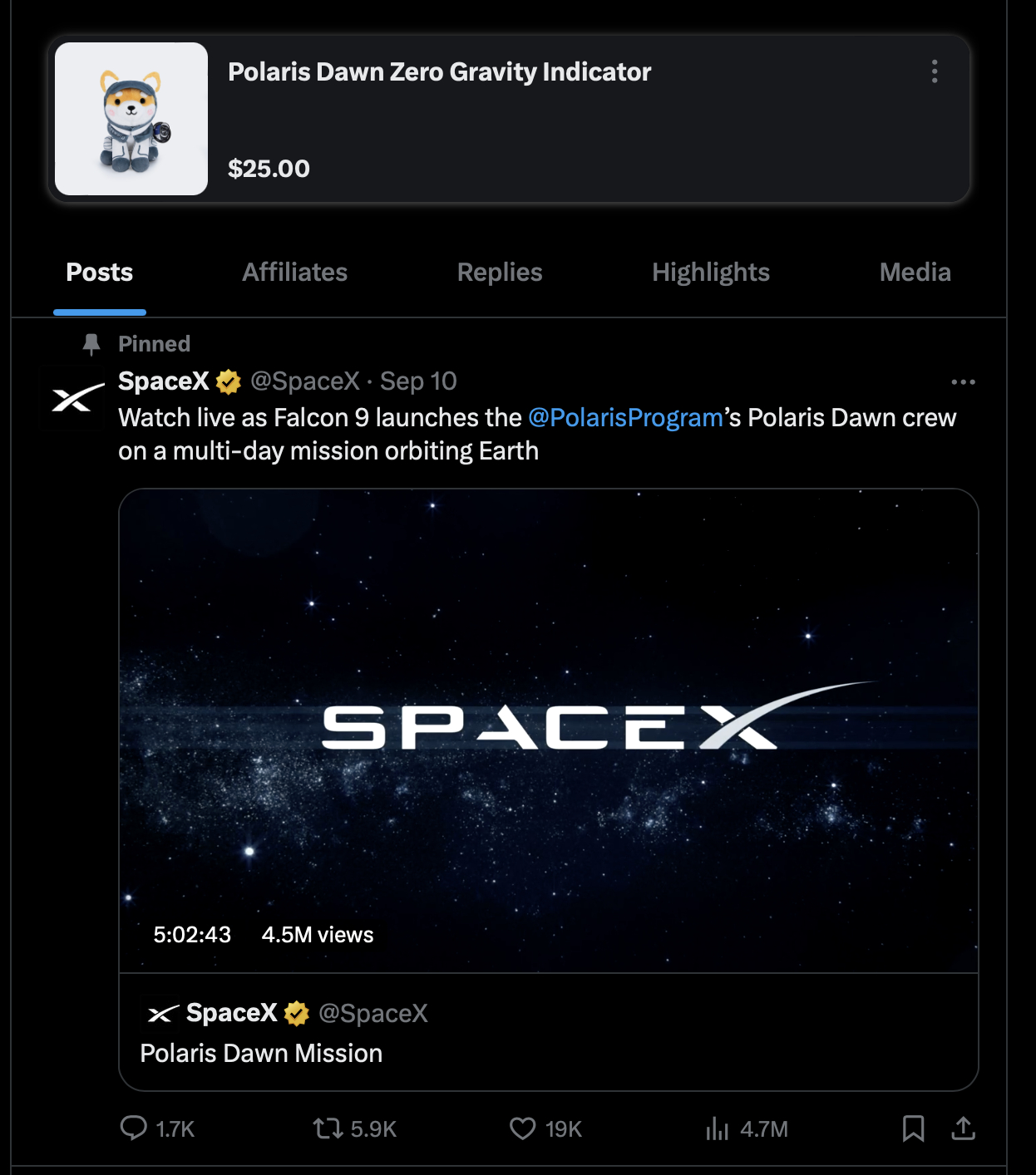 SpaceX在首次商业太空行走前，开启了带货模式，售价25美元的北极星零重力指示