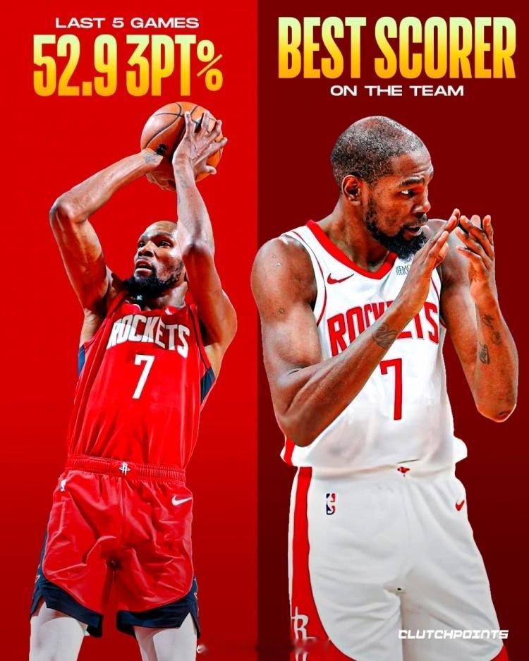 火箭媒体rocketsnationcp：“杜兰特在最近几场比赛中三分球手感火热，