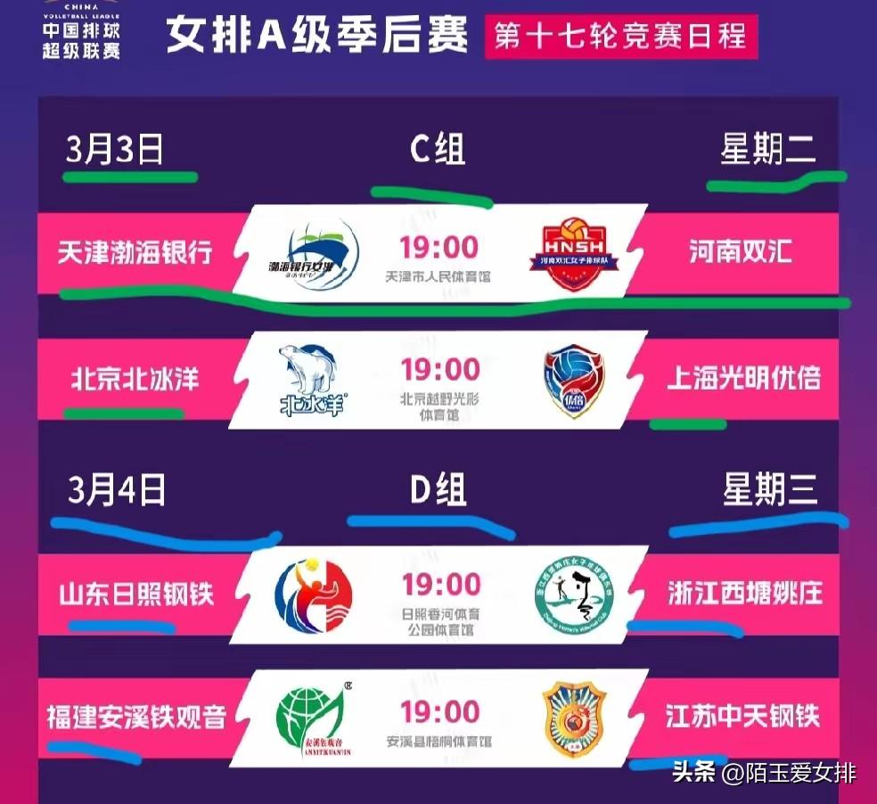 排超联赛季后赛今天两场比赛
分别是天津女排主场迎战河南女排
北京女排主场迎战上海