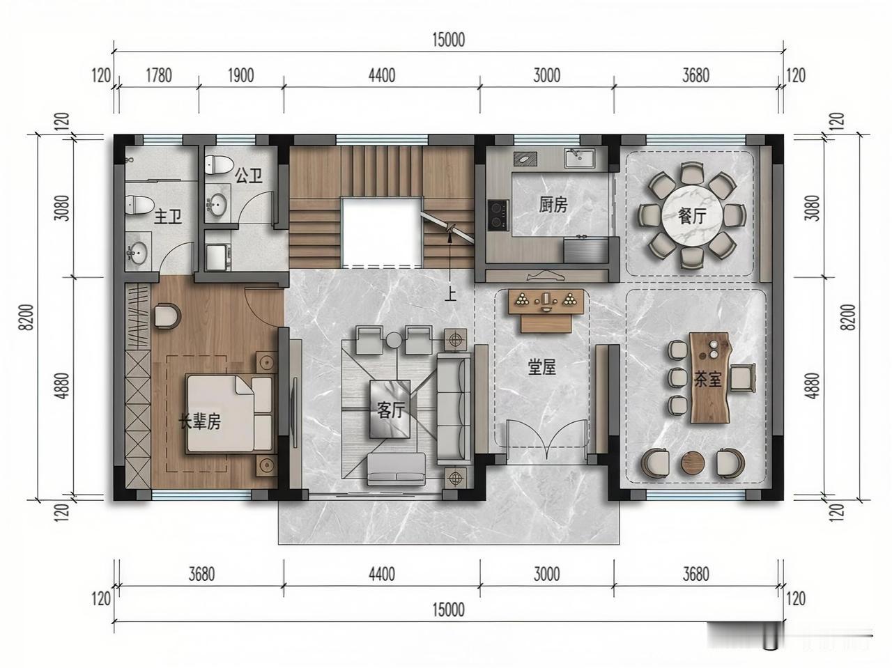 15米×8.2米的二层乡村自建房，布局起来超有发挥空间。
一层可以把客厅设计得宽