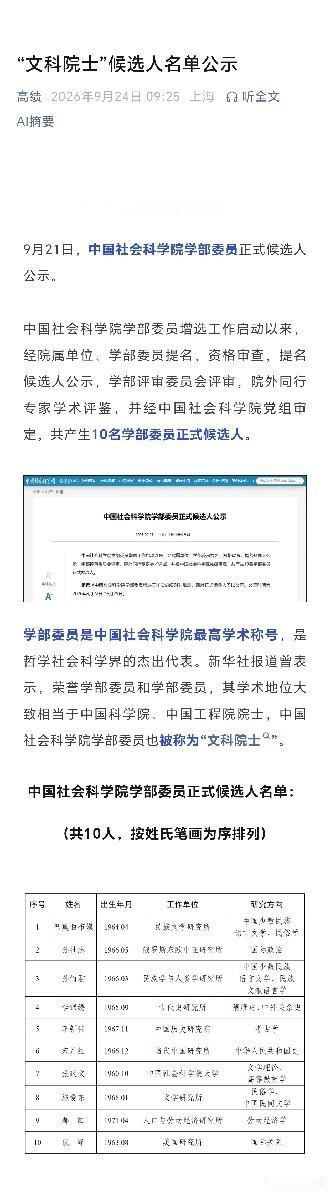 文科“院士”候选人公布了
10位哲学社会科学的大拿榜上有名[赞]
先别急着恭喜，