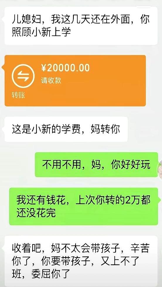 婆婆直接转来两万给孙子交学费，儿媳连连推回，她却说：拿着吧，我不太会带娃，你带孩