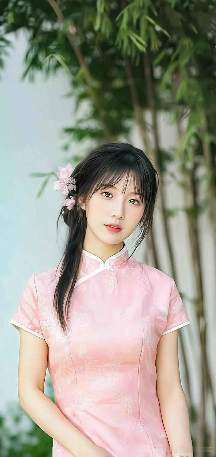 粉嫩旗袍少女，竹林间的一抹柔情。优美旗袍少女