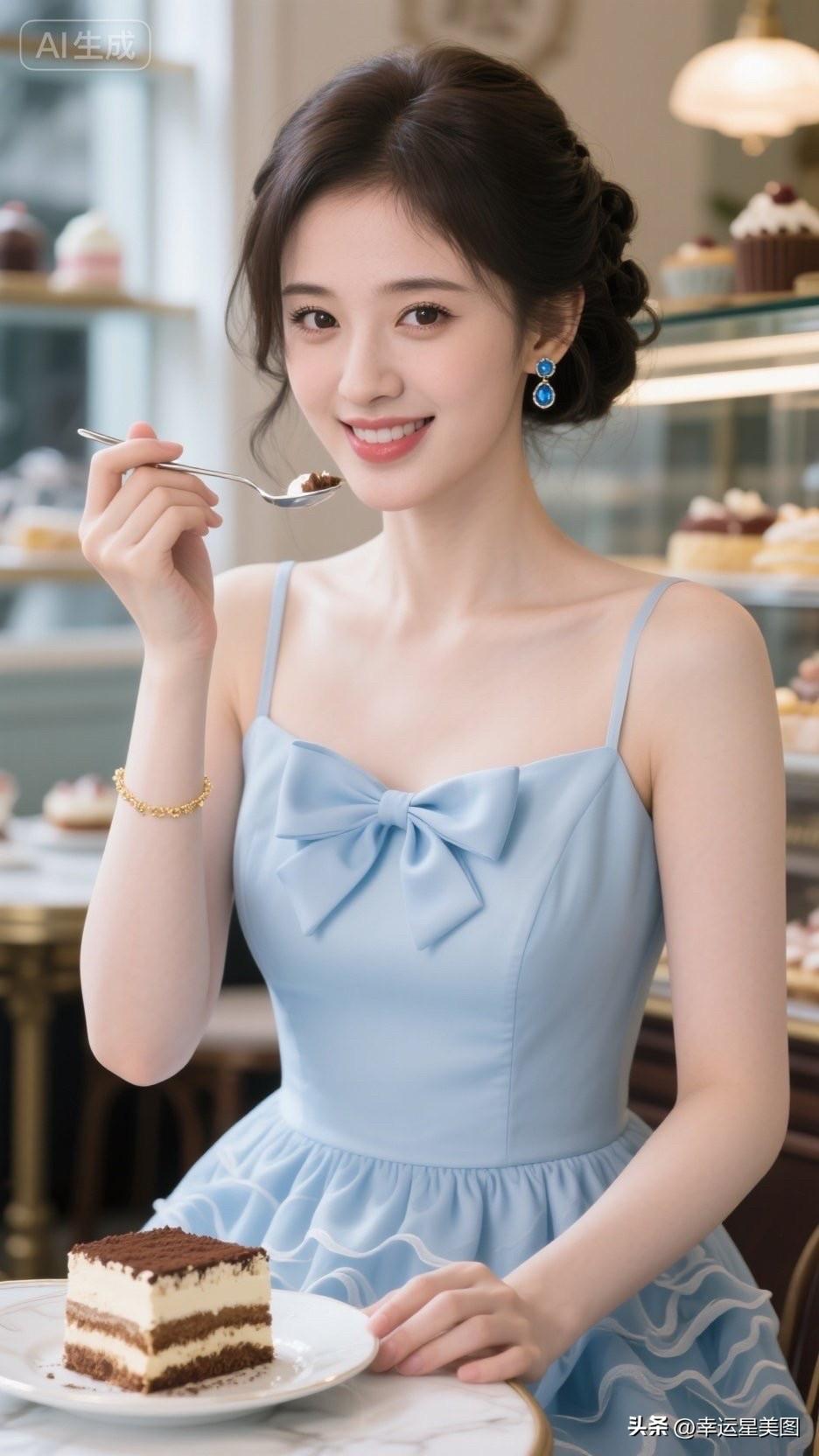 一个穿蓝色裙子的女孩在吃蛋糕。