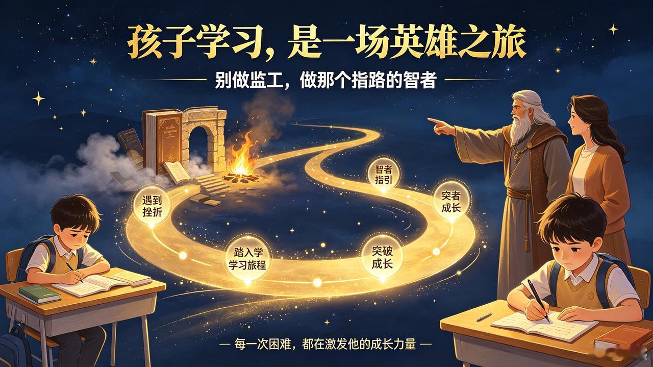 别把陪学当“纠错”，把它当成孩子的“英雄之旅”
 
孩子写作业磨蹭、走神、遇挫就