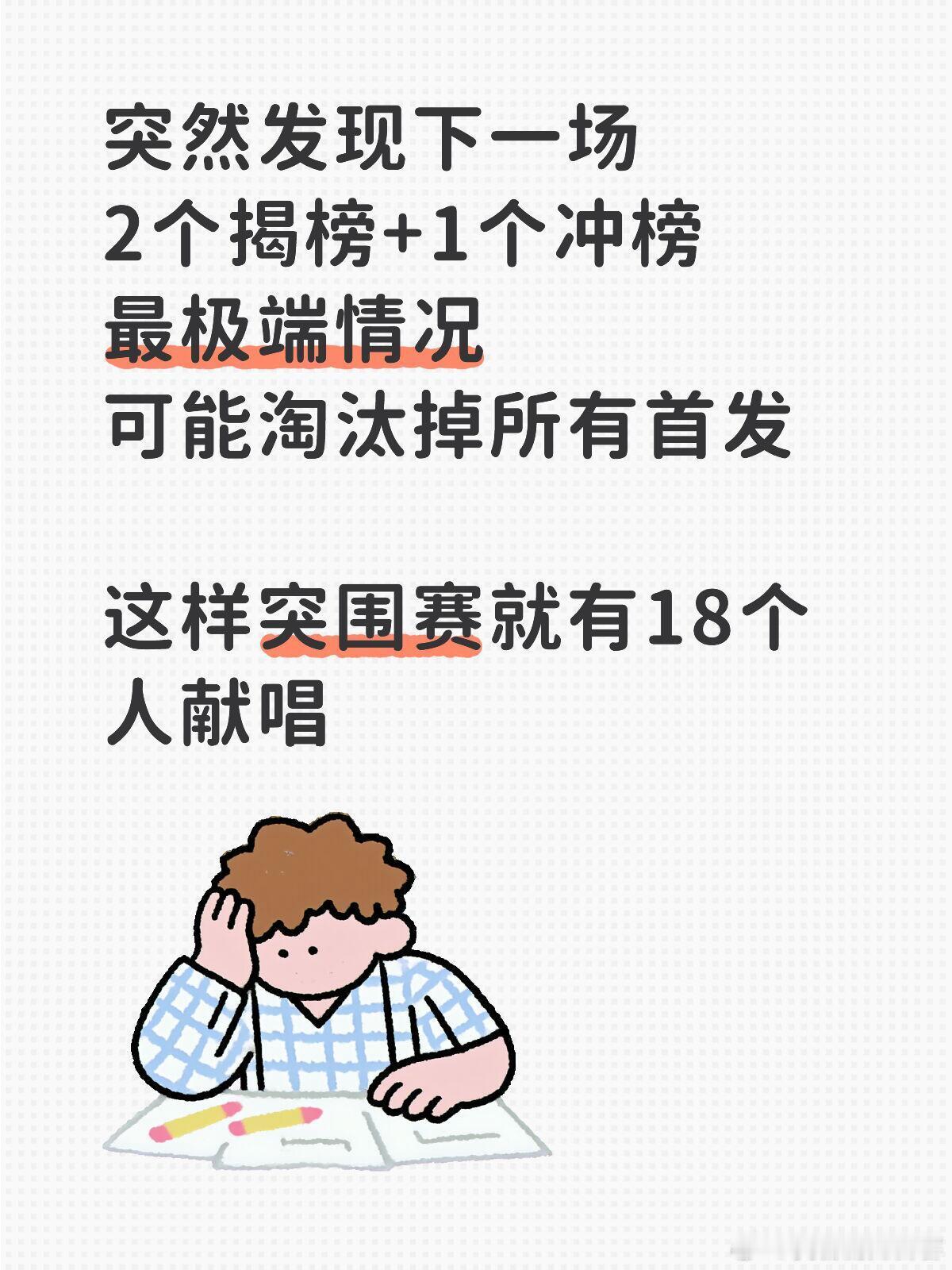 突然发现下一场2个揭榜+1个冲榜最极端情况可能淘汰掉所有首发毕竟本场陈米单都不在
