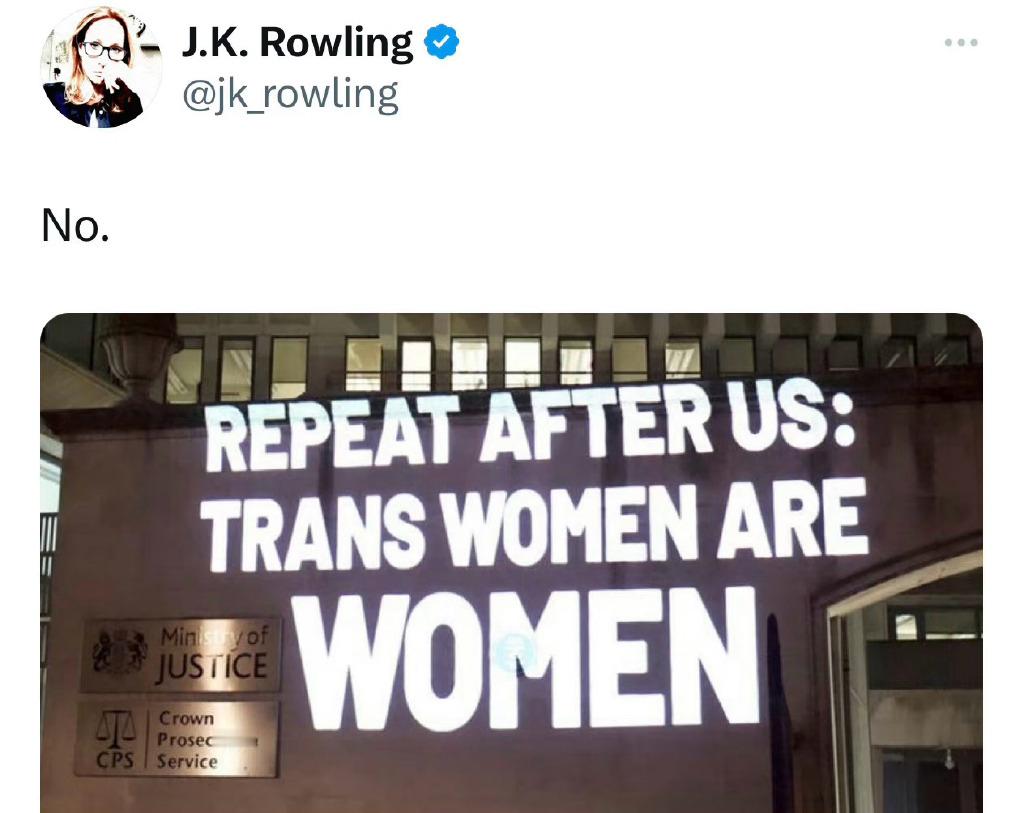 #JK罗琳 不是# J.K.罗琳再次公开表示：跨性别女性不是女人。并表示如果英国