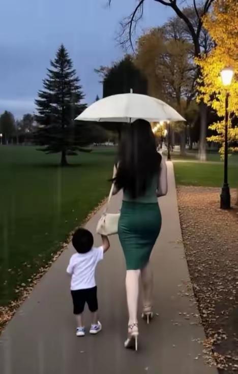 雨中漫步，母子情深，伞下同行，温暖相伴。