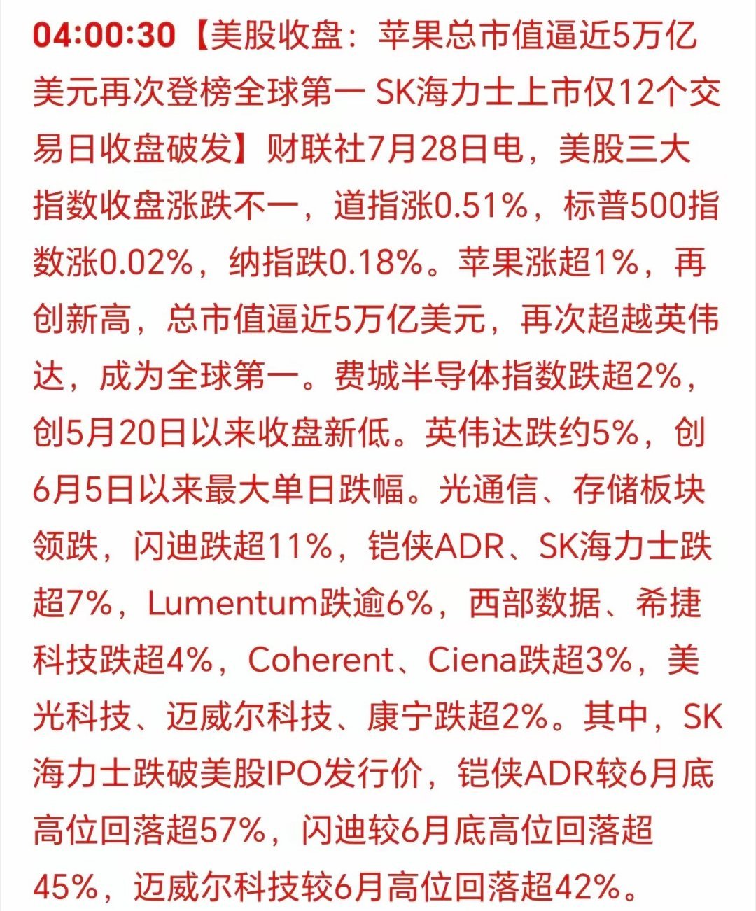早晨7点10分，刚刚被消息震醒了：美国三大股指涨跌不一！海力士破发了，周二韩股怕