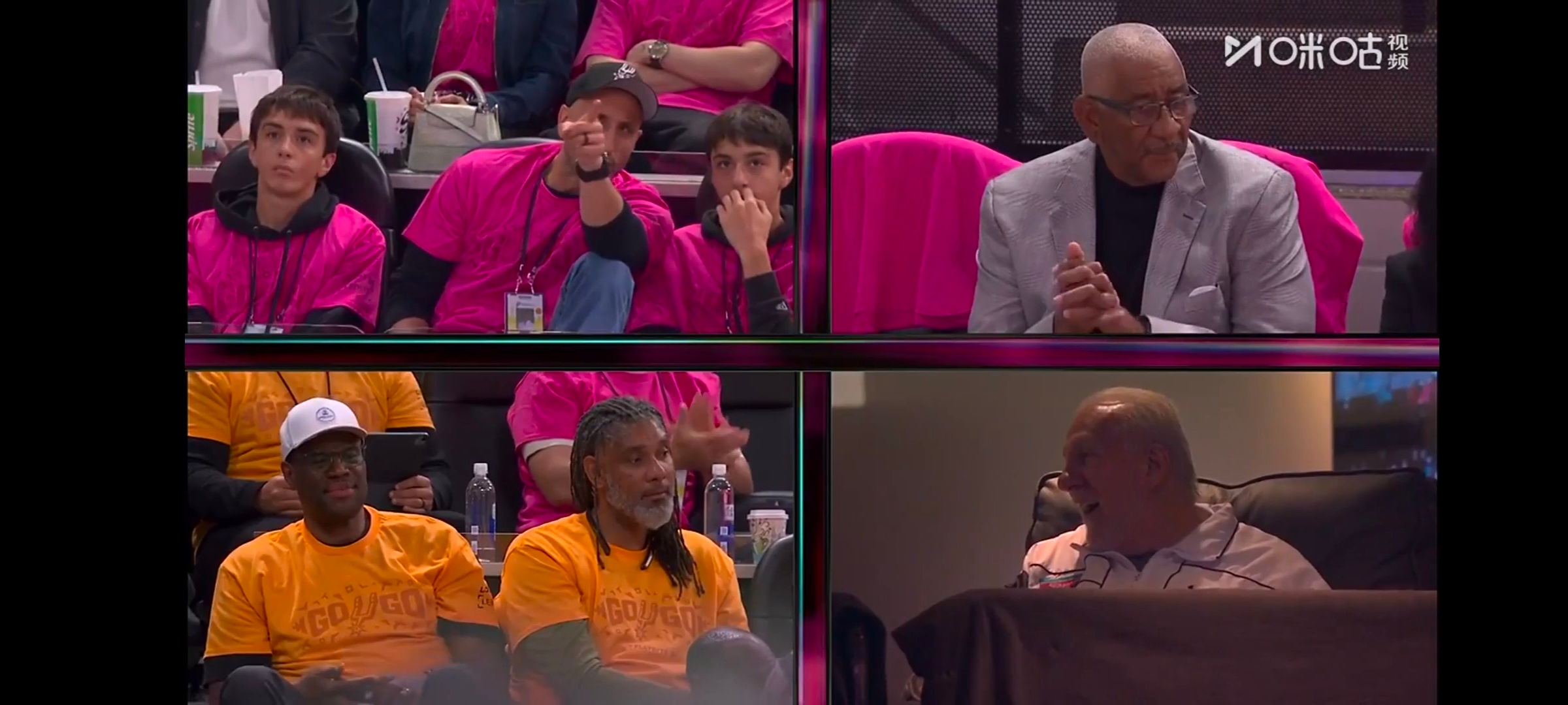 豪华替补席马刺众名宿现身观赛左上马努 右上乔治格文左下大卫罗宾逊 邓肯 右下波波