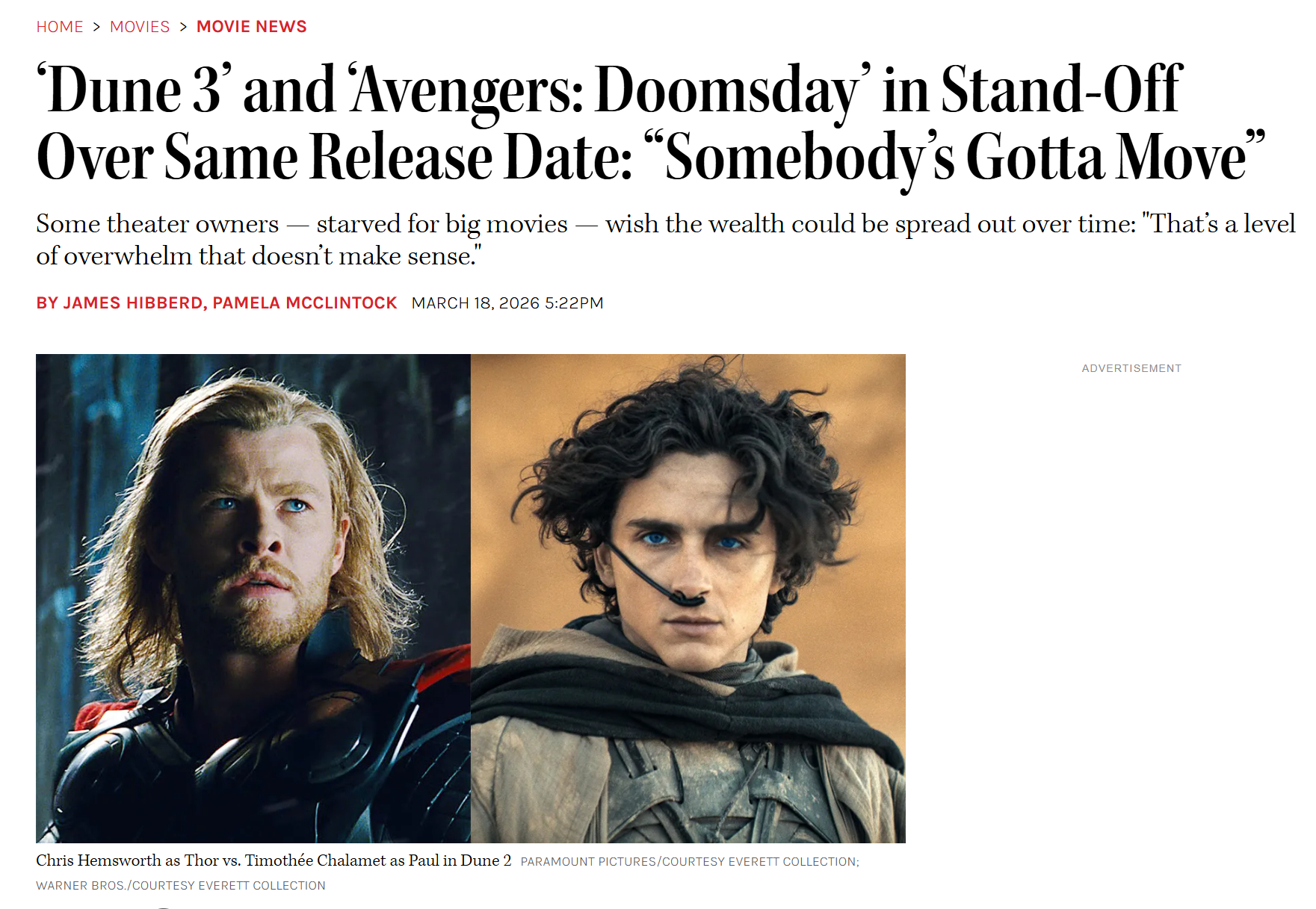 TNABO THR报道：《沙丘III》与《复仇者联盟5》档期正面对撞，院线人士呼
