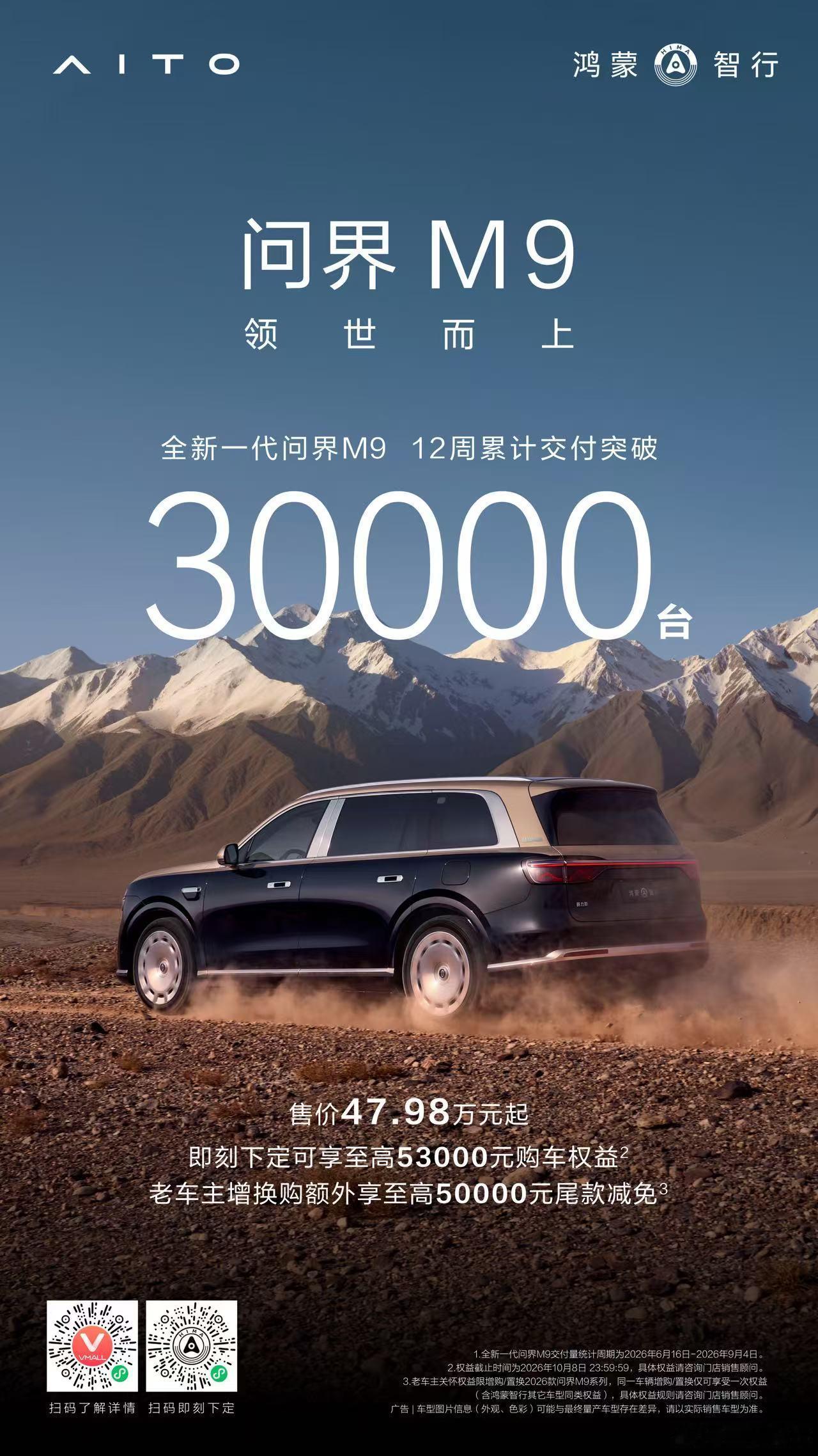 全新问界M9交付12周破三万目前交付的基本都是标轴版，已经突破3万台！全系累计交