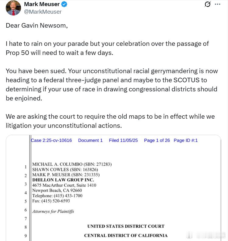 加州宪法律师马克·梅瑟起诉纽森：亲爱的加文·纽森很抱歉要扫你的兴，但你为第 50