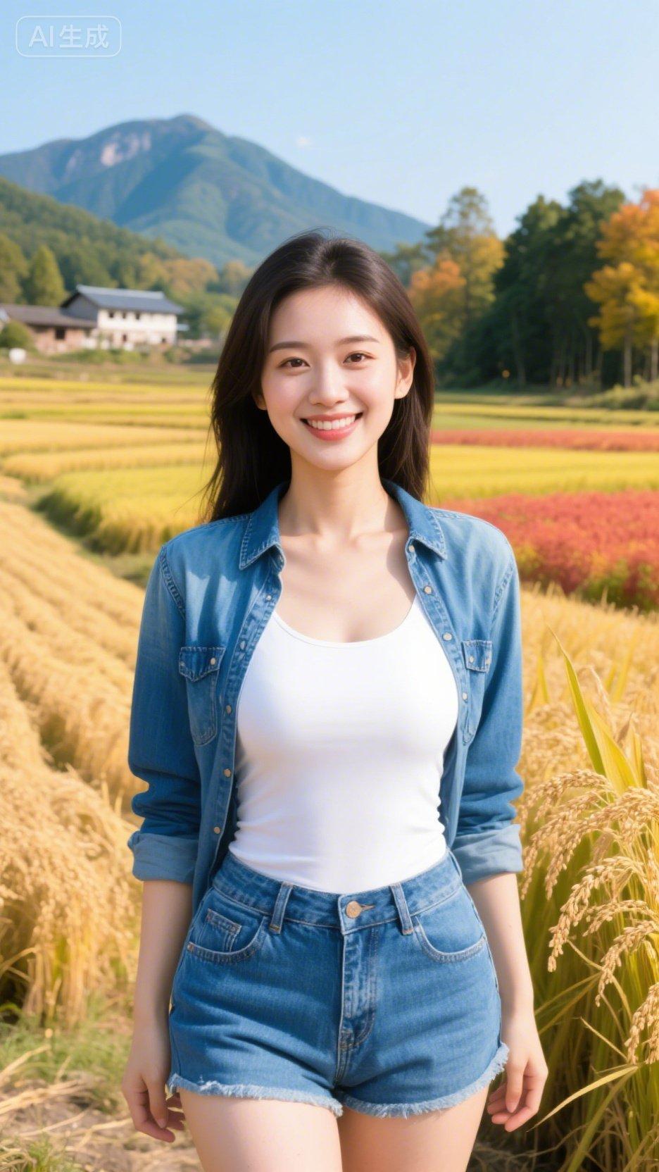 秋日田野里的微笑女孩，与自然融为一体。