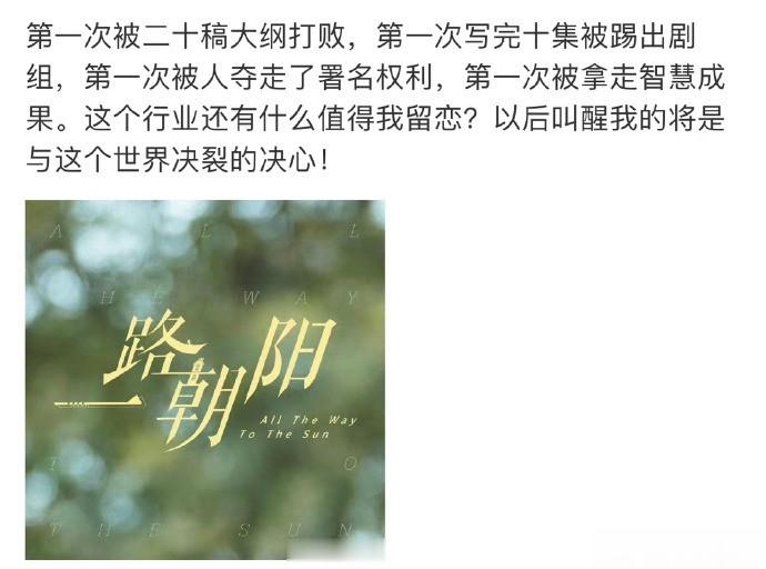 一路朝阳编剧之前的发文：写完十集被踢出剧组，被夺走了编剧署名权 … 护心2.0谁