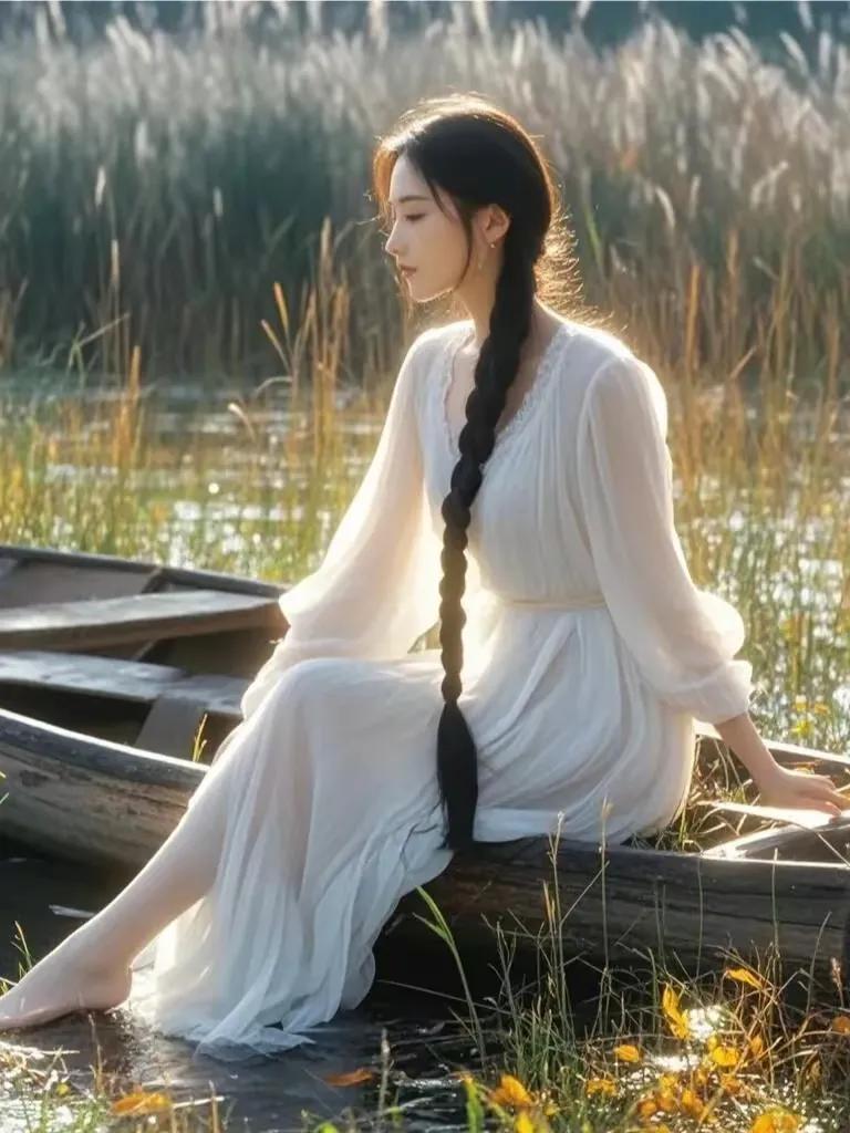 芦苇轻摇，迎风起舞，仿佛在迎接佳人的到来。她长长的辫子随风飘扬，迷人至极。水面倒