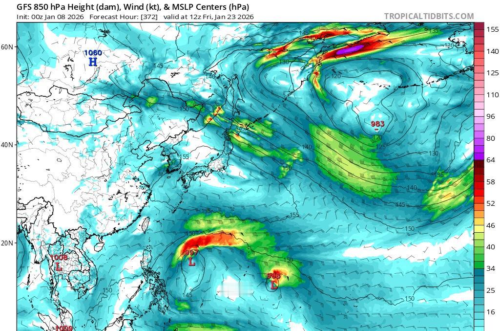 GFS超长大饼，1月还出现了双台风的趋势[憨笑][憨笑][憨笑][憨笑]2026