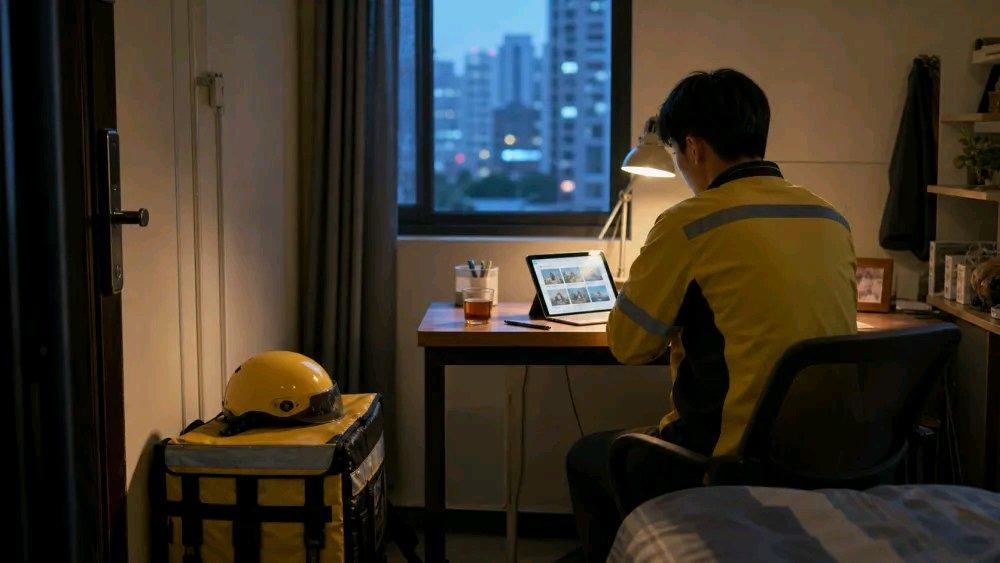 外卖、网约车、同城配送，是很多人的现实退路，今天缺钱明天就能上工。晚上订单高峰过