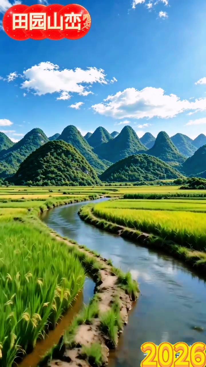 田园山峦，金钟玉斧山风景。
金钟山，玉斧山。