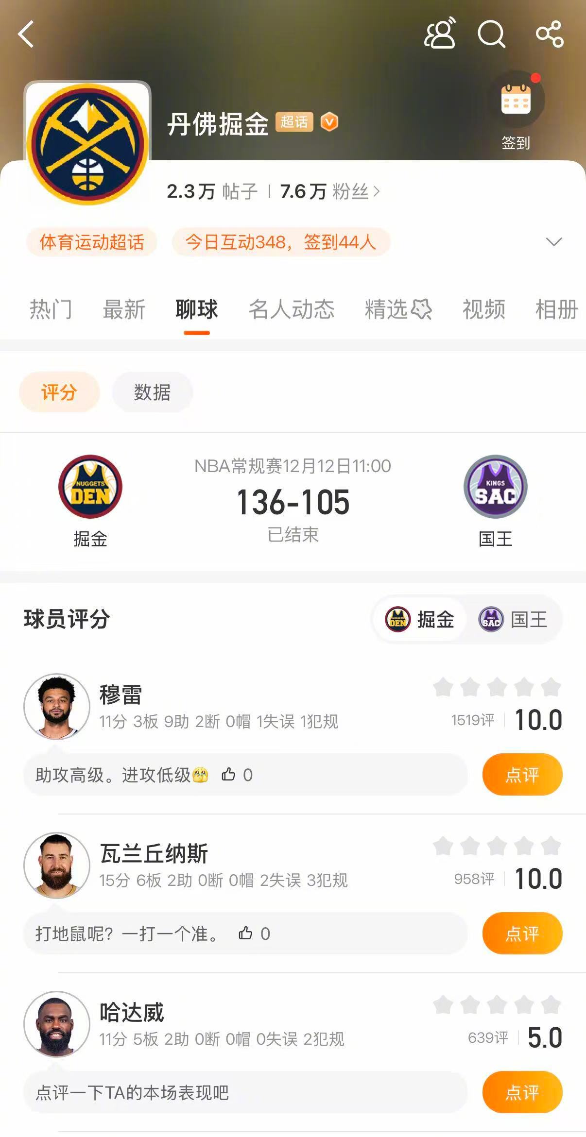 掘金大胜国王33分 掘金136-105战胜国王。约基奇三节打卡，拿到36分12篮