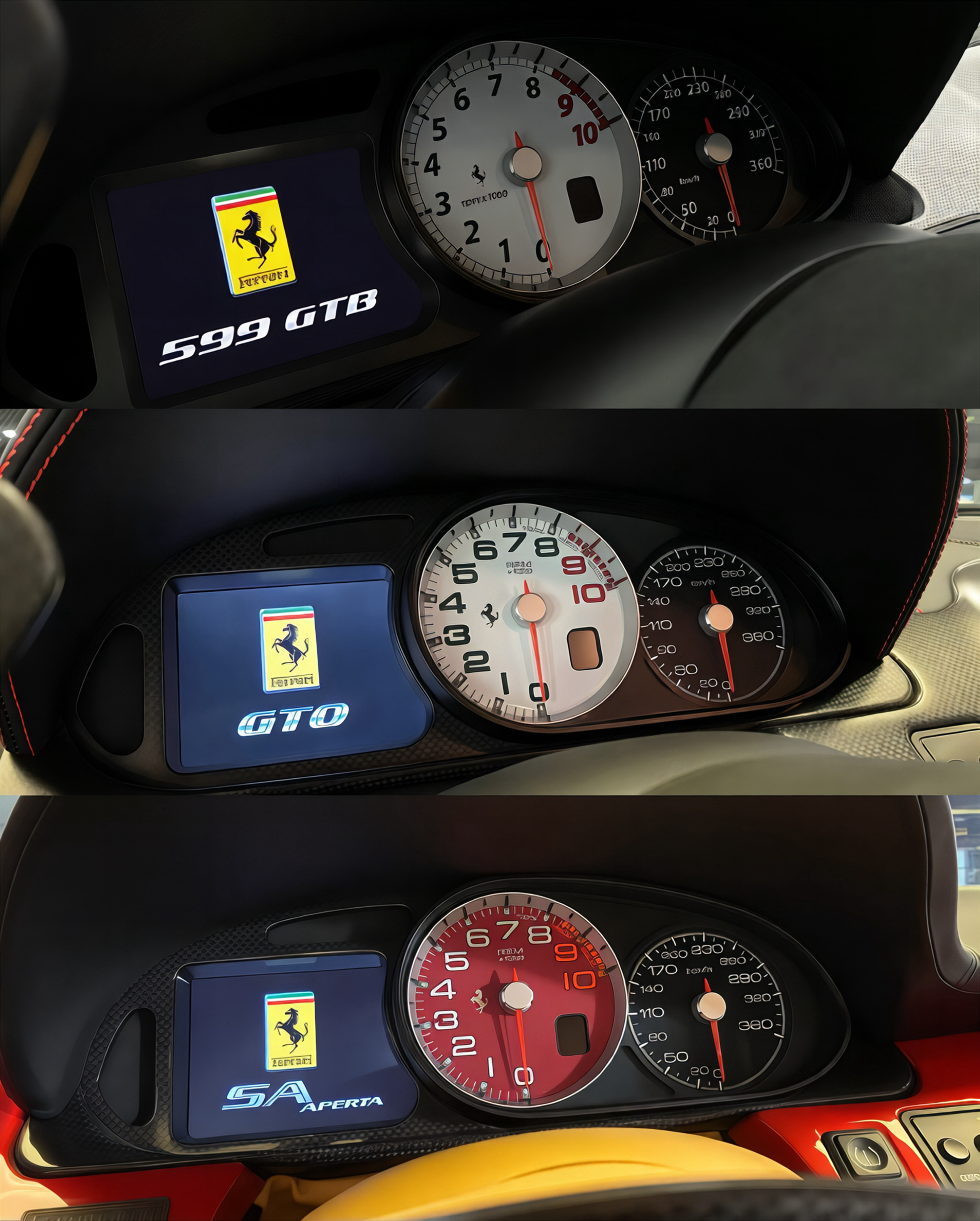 三台V12三种诠释。GT的优雅、GTO的赛道、SA Aperta的绝版浪漫。F1