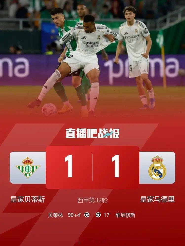 皇马遭绝平距榜首8分西甲第32轮，皇家贝蒂斯坐镇主场塞维利亚奥林匹克体育场迎战皇