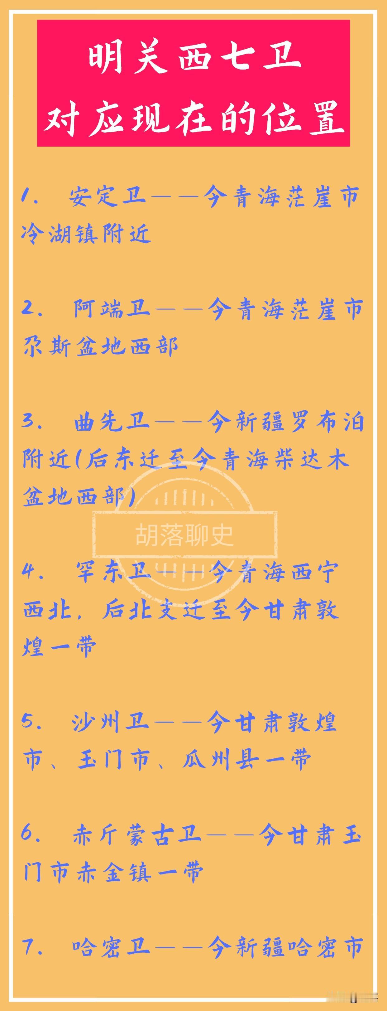 明关西七卫对应的现在的地理位置。
明初，为了防御北元残余势力、经略西部边疆，朝廷