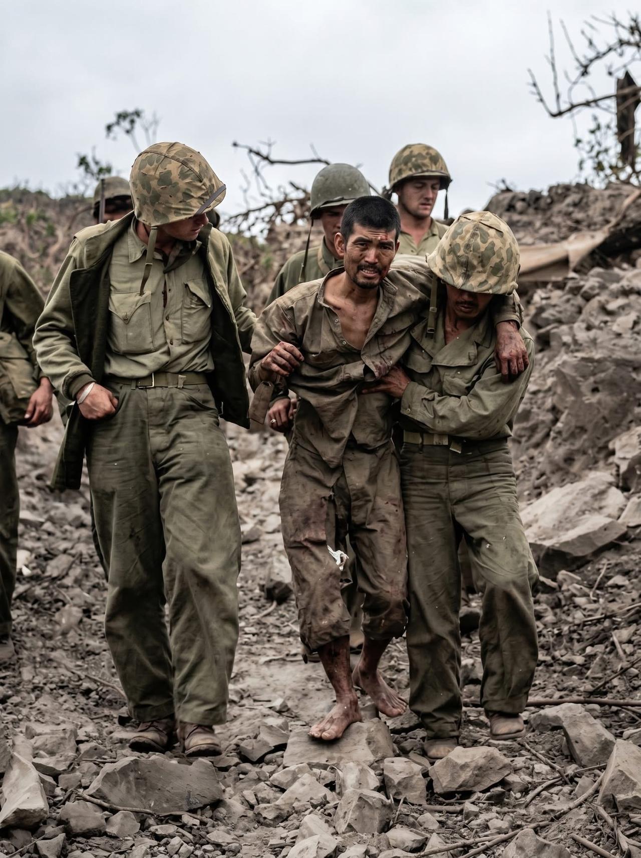 1945年，太平洋战争期间，硫磺岛战役期间，美军海军陆战队士兵俘虏一名受伤日寇，