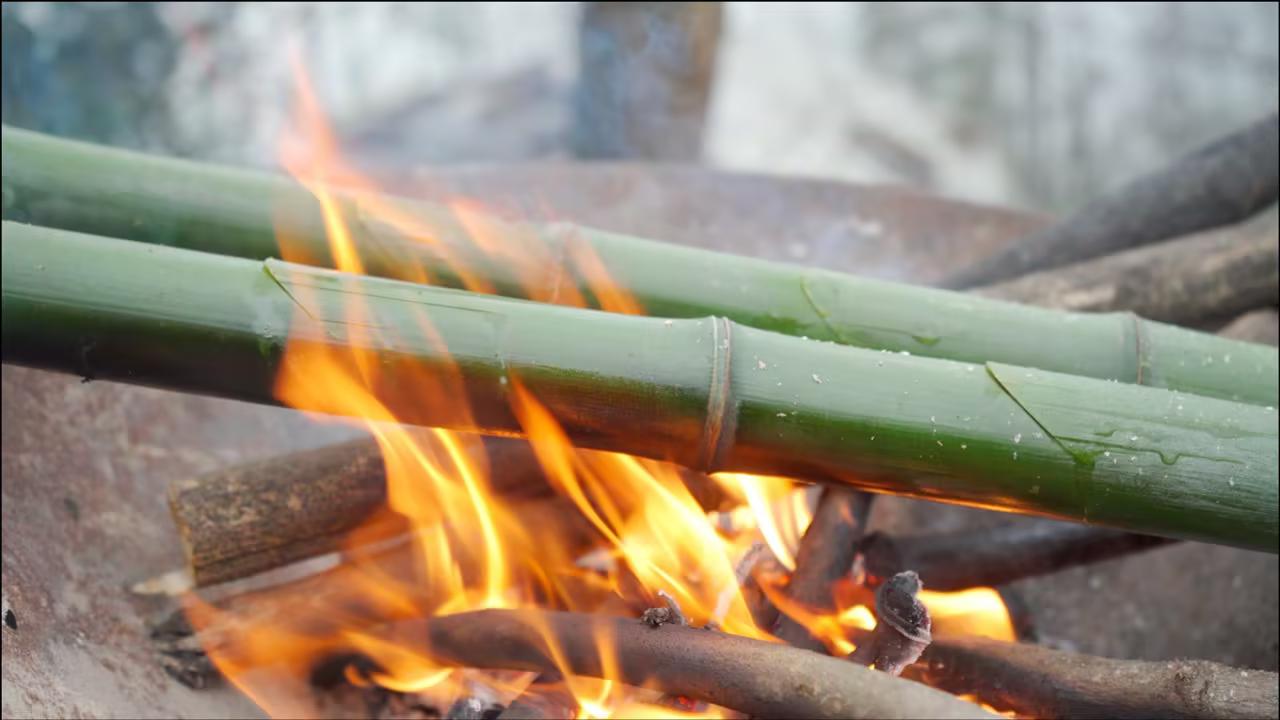 竹子爆裂的时候会炸出非常多的火星，因为竹子的纤维内有非常多的空气和水分，重点是这