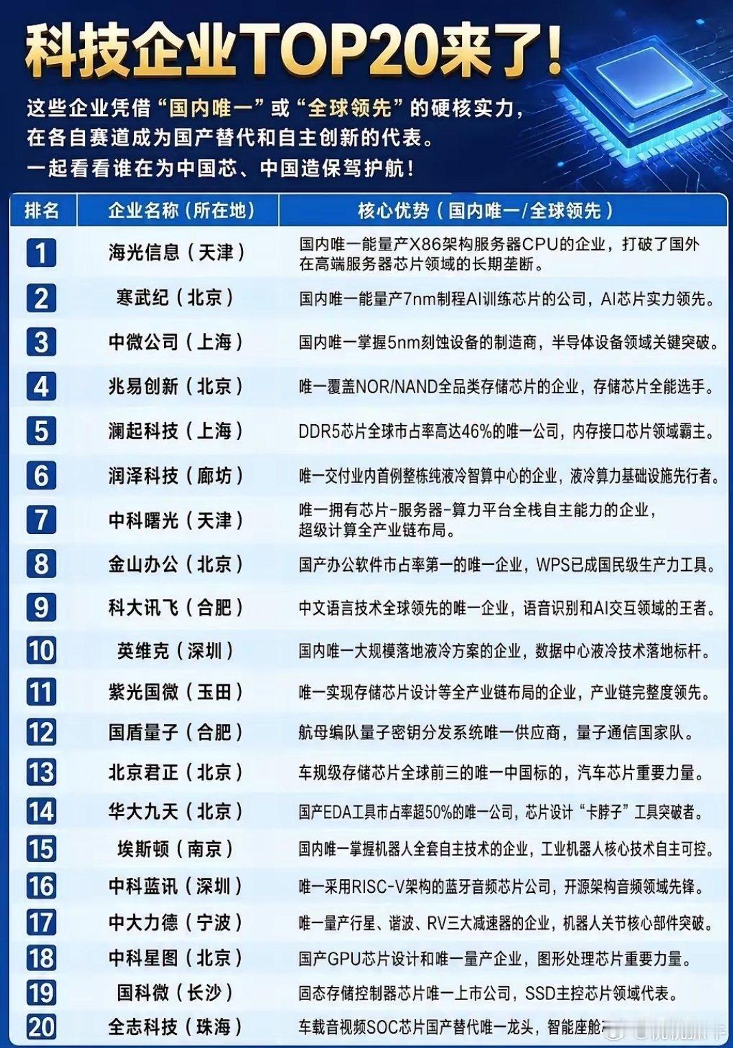 国产科技硬核TOP20！这才是撑起中国芯的“国家队”最近整理了一份国产科技企业T