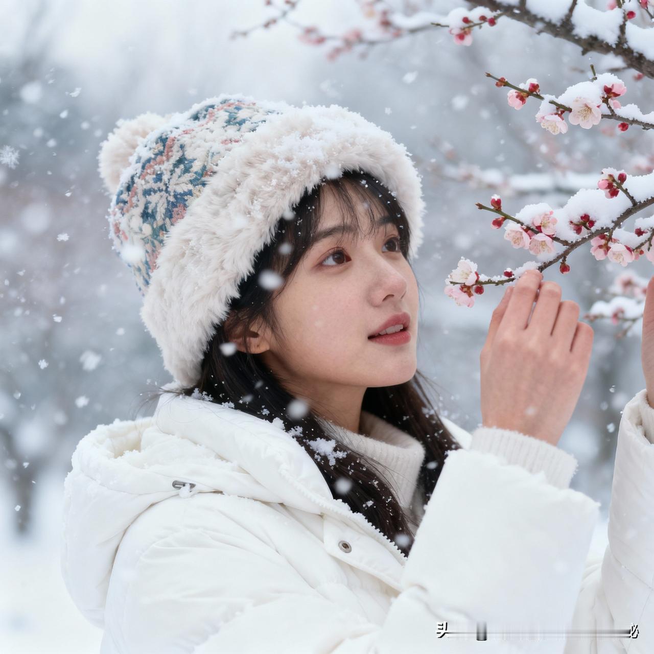冬日生活打卡季冬天的雪花，美丽的姑娘穿着雪白的羽绒服，美丽的保暖帽在大雪飞的雪中