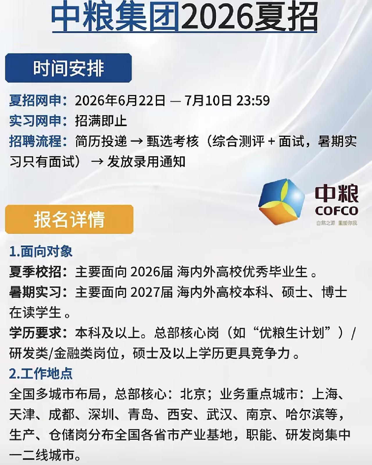 同学们，中粮集团2026夏招需要注意了，这可是个实打实的好机会，别光看着别人投简