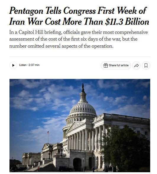 据纽约时报，美国国防部周二在国会山闭门简报中告诉议员，仅战争开始的前六天，美国对