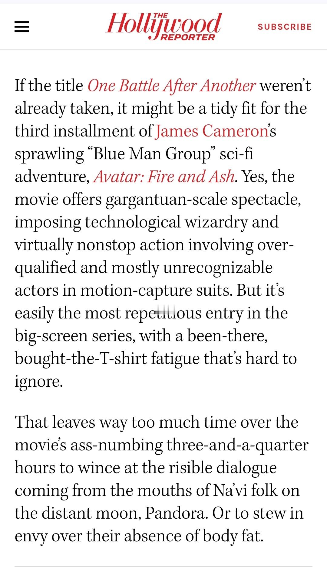 《好莱坞报道》的影评也挺损的：如果《一战再战》这个片名没有被占用，留给《阿凡达3
