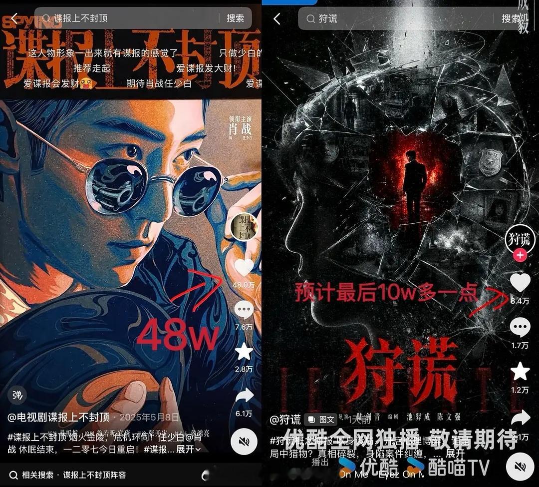 成毅的狩谎vs肖战谍报上不封顶官宣数据对比 