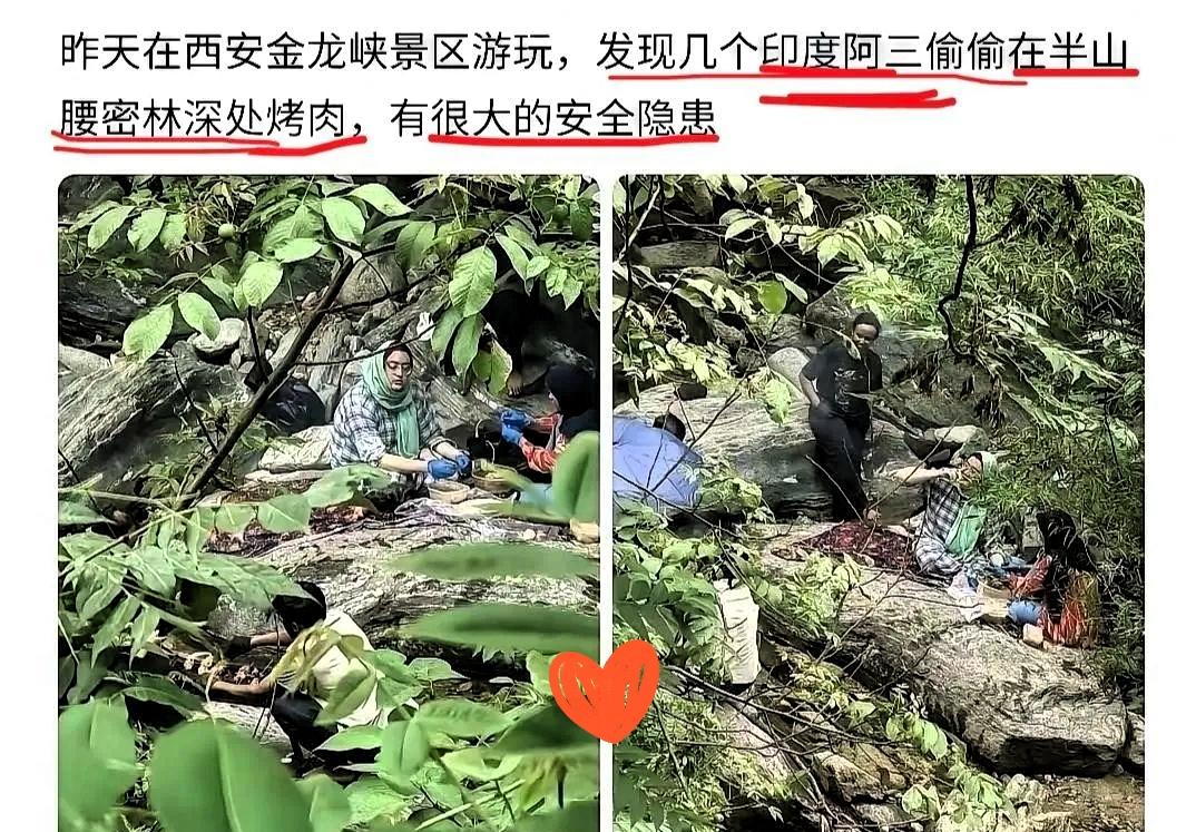 胆大包天！
几名印度籍游客躲进西安金龙峡半山腰的密林深处，偷偷生起明火烤肉，专挑