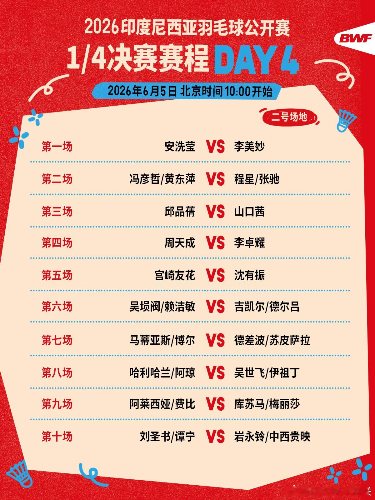 2026年印尼羽毛球公开赛 1/4决赛赛程🔥第四日赛程 上午十点开打🏸焦点战